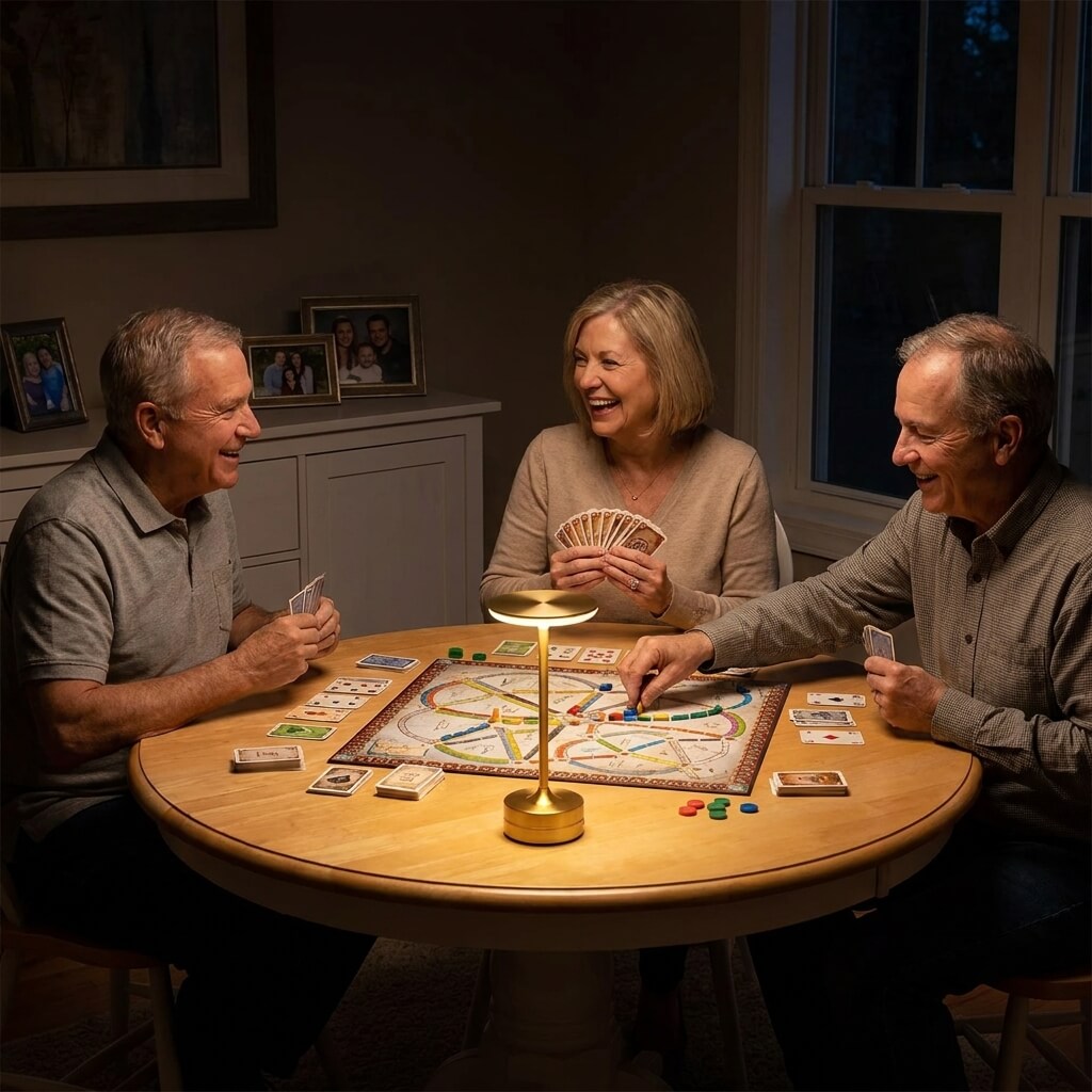 EMBAR lamp lighting a game night with friends